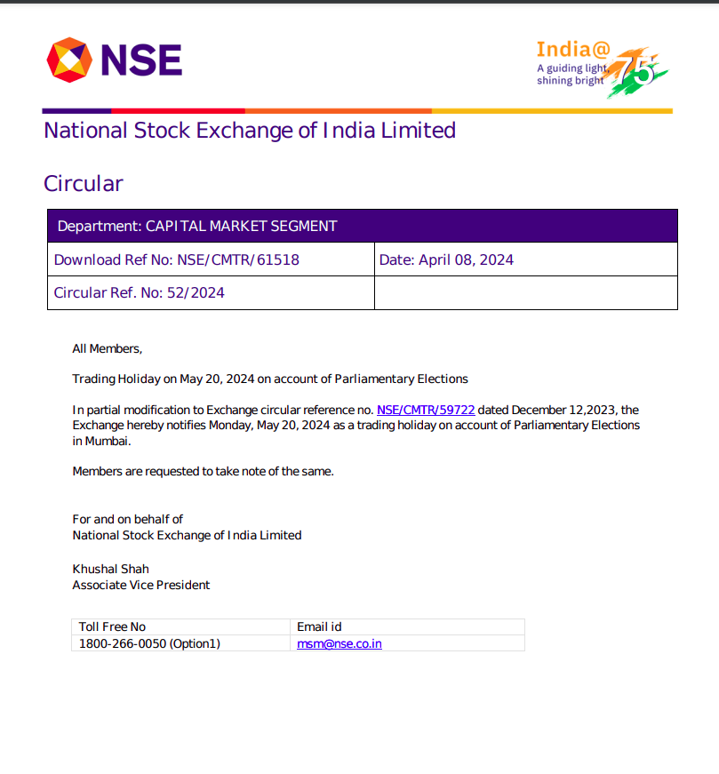 Stock Market holiday The NSE has declared May 20, 2024, as a trading